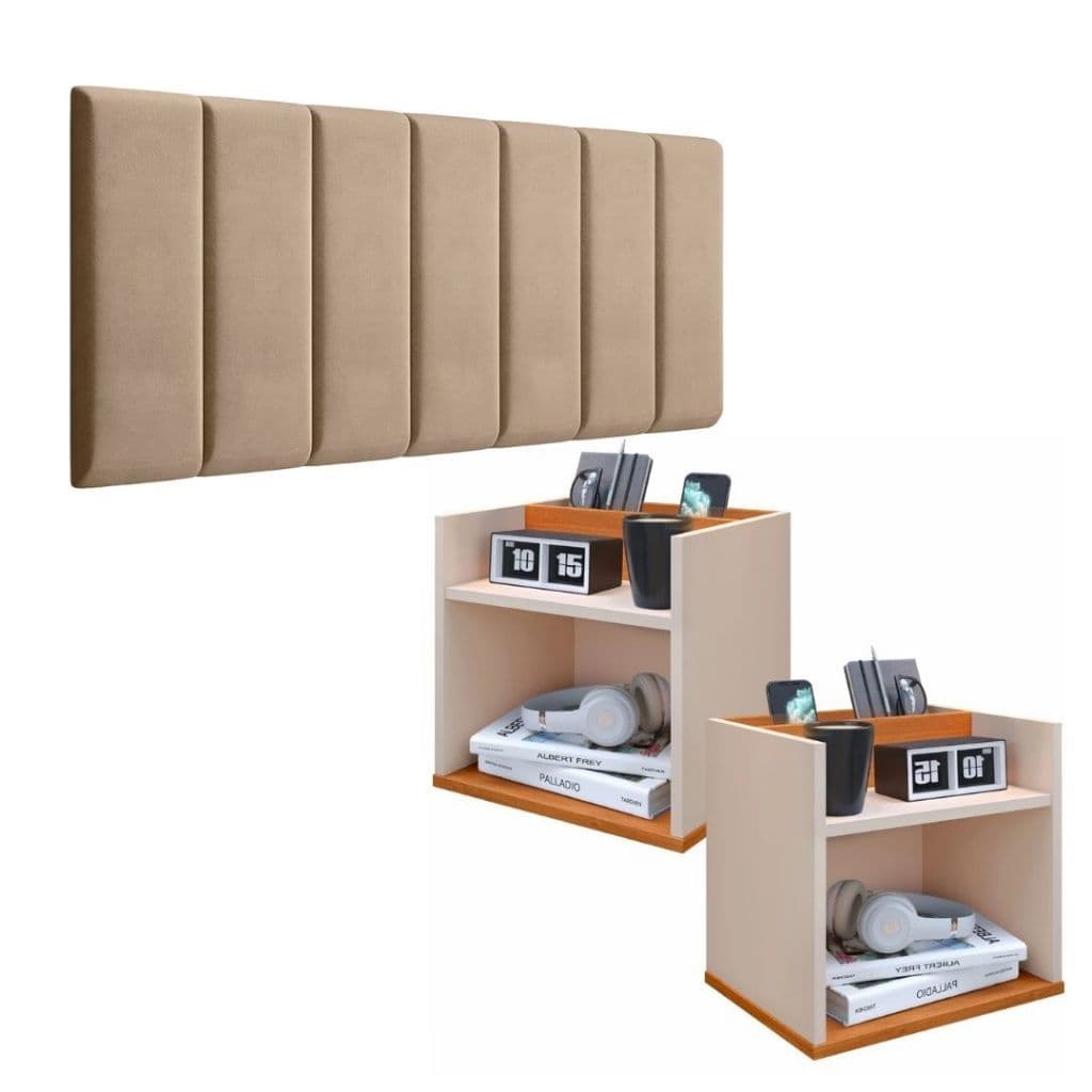 Conjunto 2 Mesinha Quarto + Cabeceira Modulada 1,40 Madri Acabamento Brilhante Cor Bege Off Cinamomo