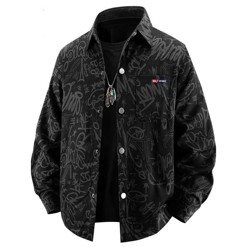 Impressão completa carta Graffiti camisa de manga comprida masculina primavera outono lapela camisa masculina 2025 iníci