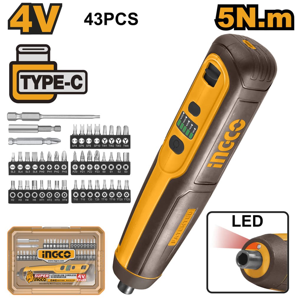 Mini Parafusadeira 43 Pcs 4V 5Nm 1/4 Usb Recarregável Pequena INGCO CSDLI04062 Led Sem Fio Precisão
