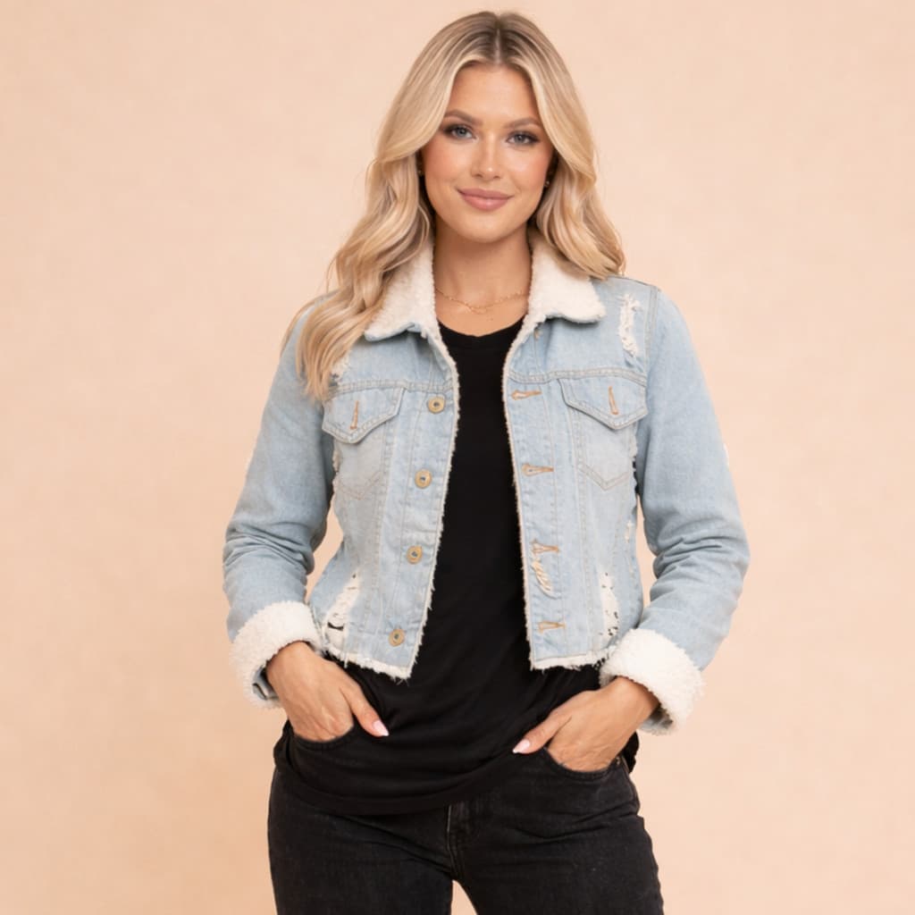 Jaqueta Jeans Cropped Feminina Peluciada 100% Algodão