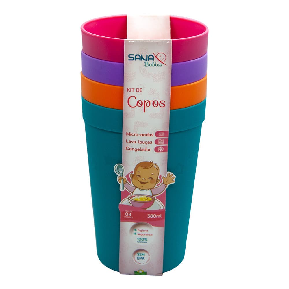 Kit Com 4 Copos 380ml Coloridos Para Meninas Sana Babies