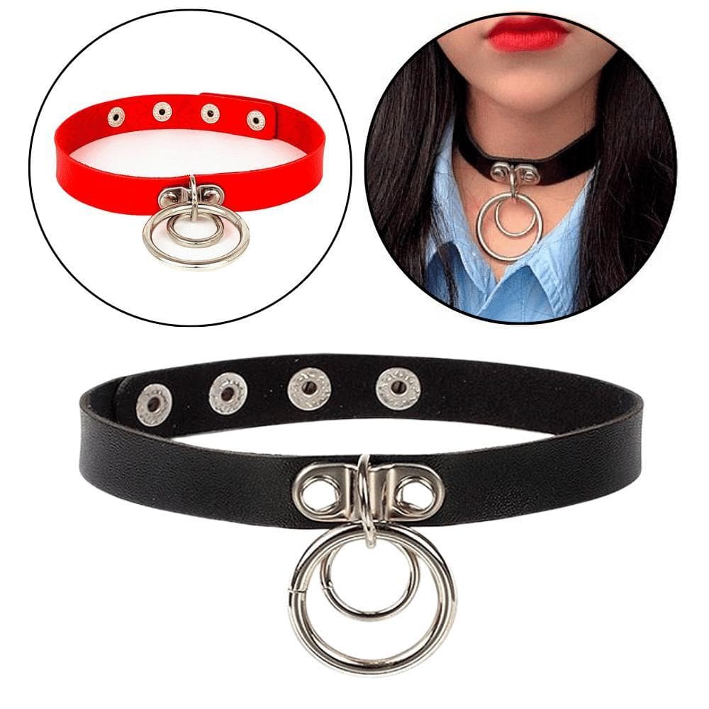 Gargantilha Gótico 2 Argolas Colar Punk Rock Prata Choker Couro Moda