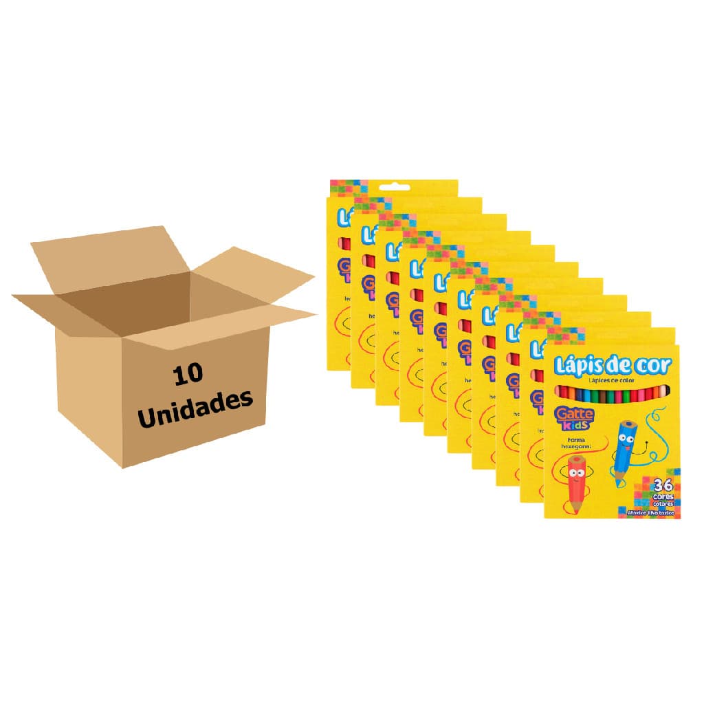 Kit 10 Caixas Lápis de Cor 36 Cores, Formato Hexagonal, Atóxico, Mina Resistente e Macia