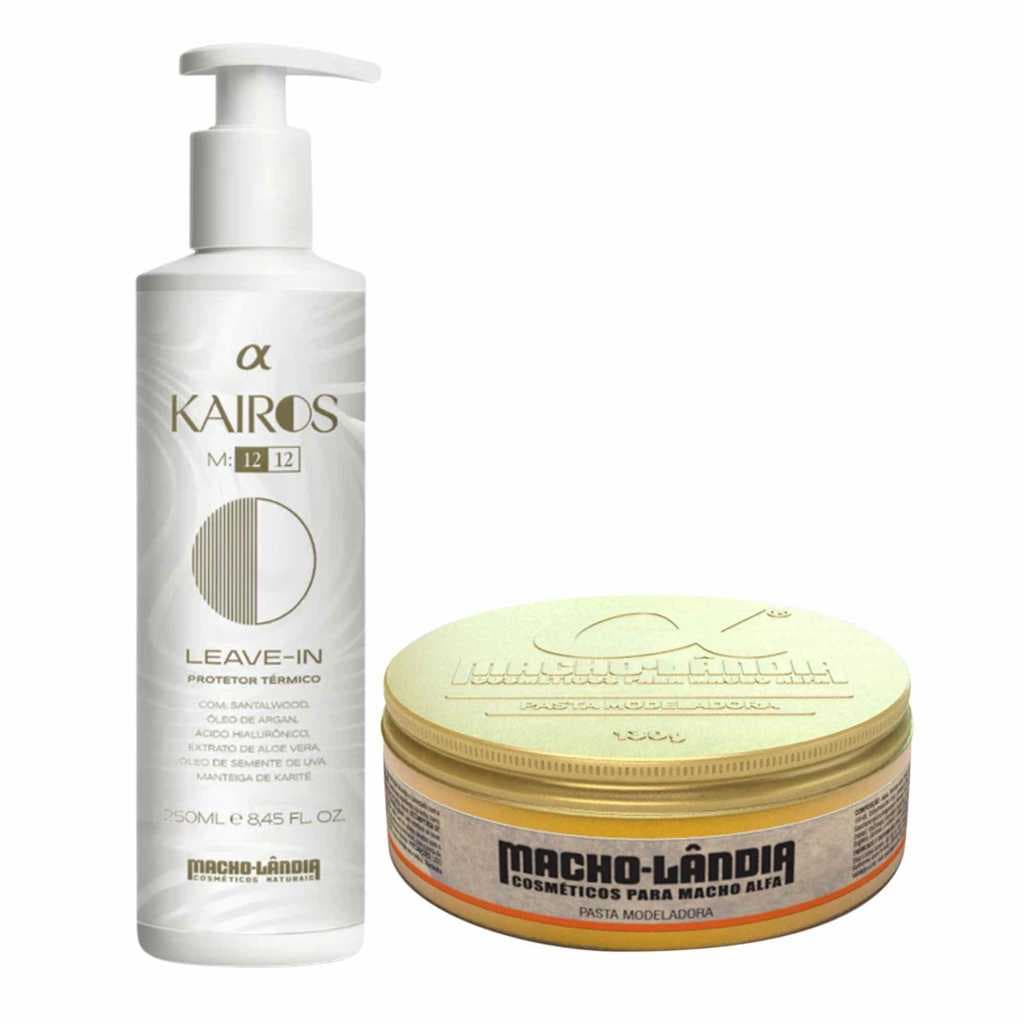 Kit Macho-Lândia Leave-in Protetor Térmico Kairos M:12/12 250 ML + Pomada Modeladora Pasta Fix 007 130g Cabelo Barba