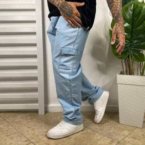 Calça Cargo Jeans Clara Masculina Streetwear Premium Larga