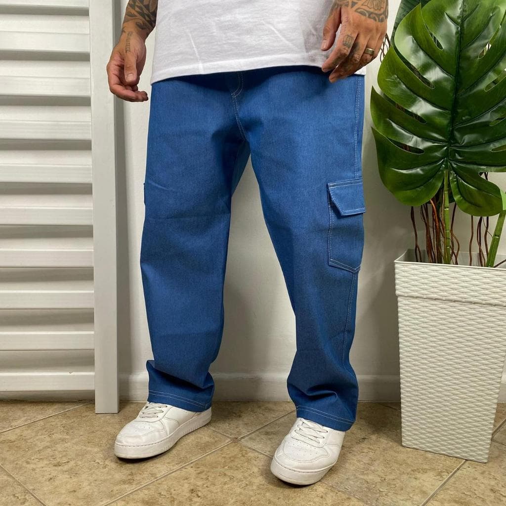 Calça Cargo Jeans Azul Masculina Streetwear Premium Larga