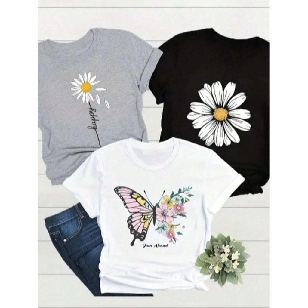 Kit 3 Camisetas blusas de algodão Camisa Femininas Casuais com Estampa de Flores e Borboletas