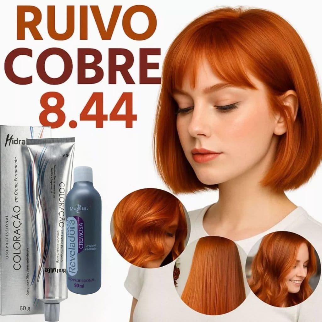 Tinta Ruiva 8.44 Louro Claro Cobre Intenso com Oxigenada Alta Cobertura Brilho Profissional