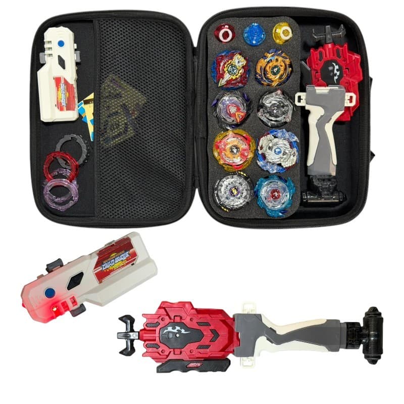 Kit Piões Completo com 8 Piões + Lançador Dupla Rotação e Maleta