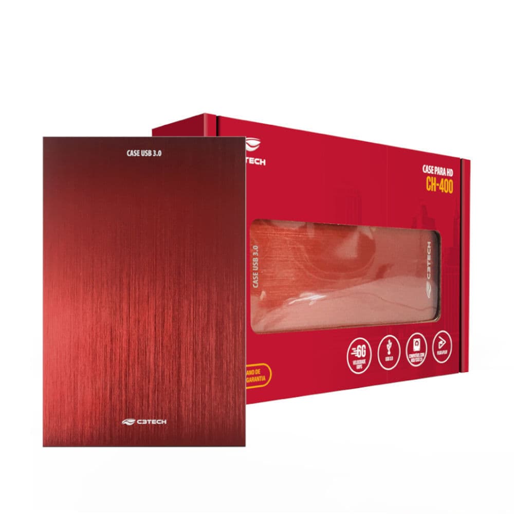 Gaveta para HD Externo 2,5" SATA USB 3.0 (até 6Gbps) CH-400RD, Compatível HD/SSD Até 6TB 7mm, C3Tech - Vermelho
