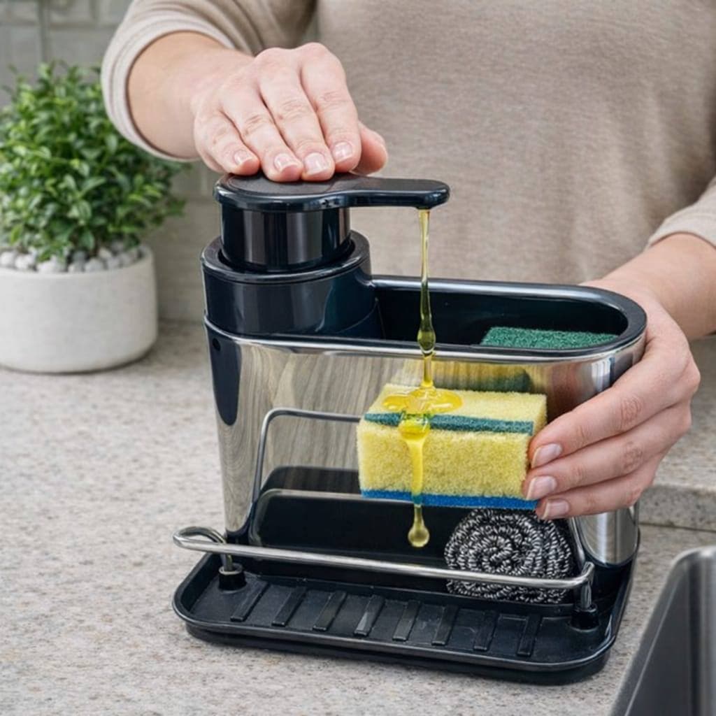 Dispenser Detergente Suporte Esponja Organizador Pia Cozinha Acessorios Inox