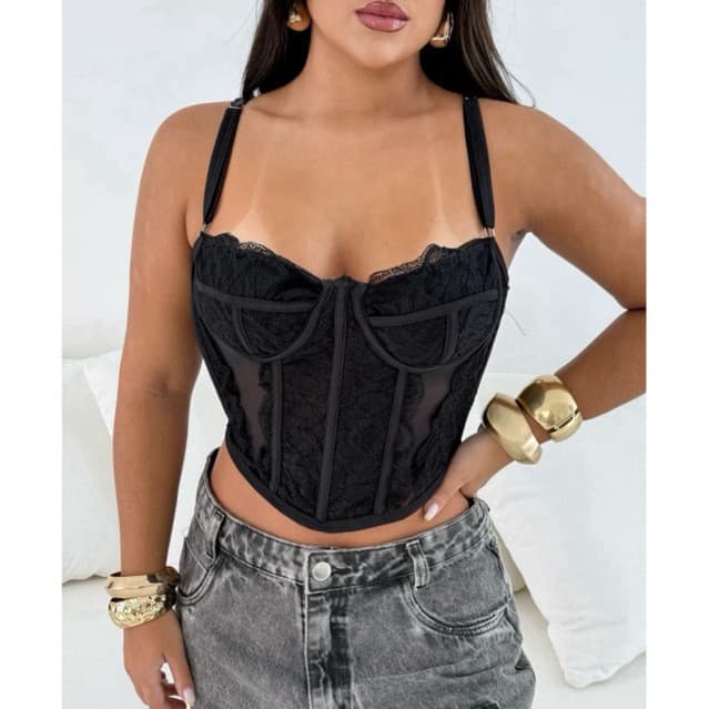 Cropped Corselet Feminino Alça Fina com Renda Top Corset