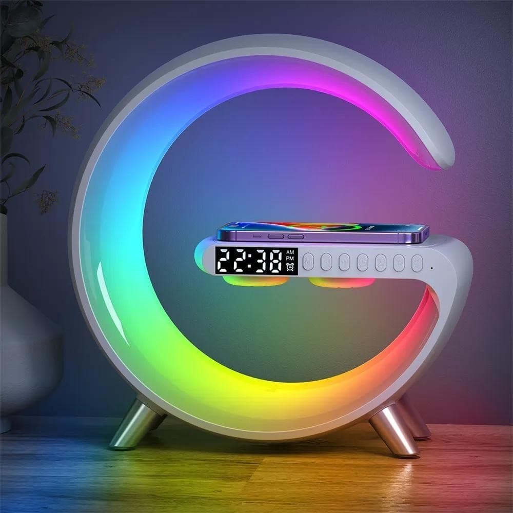 Caixa de Som Bluetooth Luz RGB Relógio e Carregamento por Indução