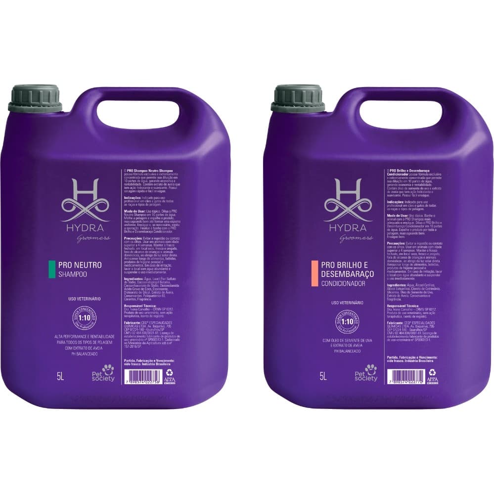 Shampoo Hydra Groomers Pet Society Pro Neutro 5L + Condicionador Brilho e Desembaraço 5L