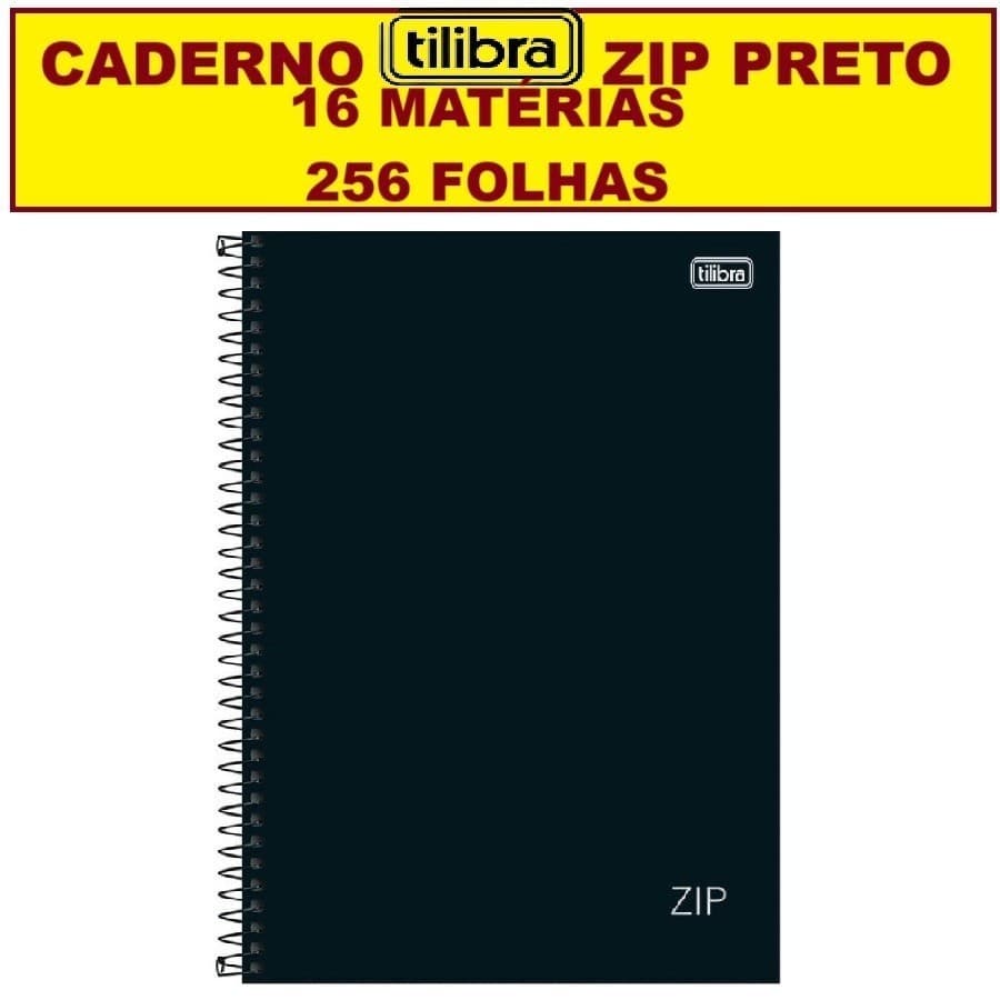 Caderno Tilibra 16 Matérias 256 Folhas Escolar zip Capa Dura Preto capa preta