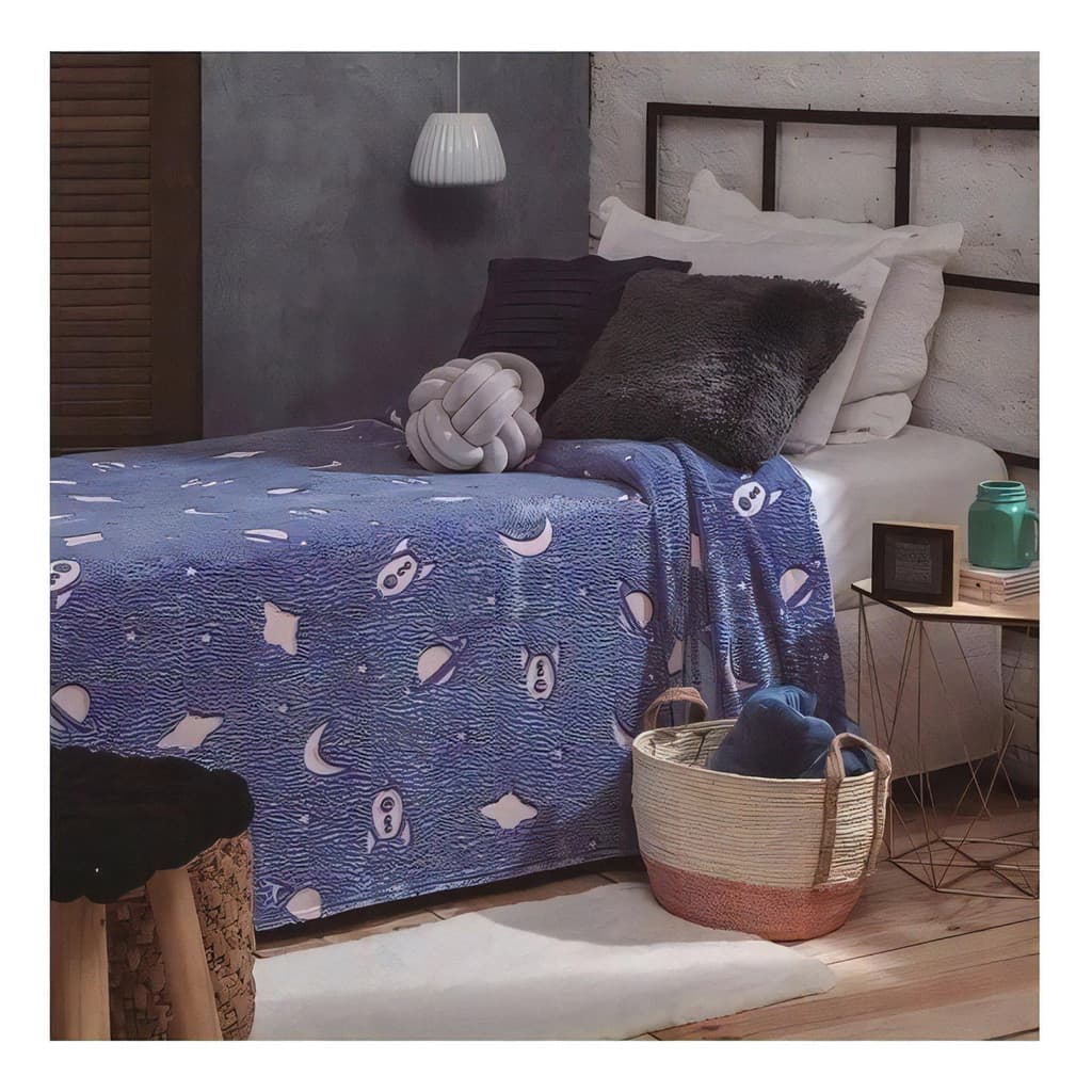 Manta Cobertor Estrela Brilha Escuro Solteiro 1,8m X 1.5m Cor Azul Desenho Do Tecido Estrelas