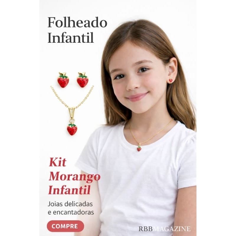 Conjunto Infantil Folheado a ouro Colar e Brinco Frutas Cereja, Maçã e Morango