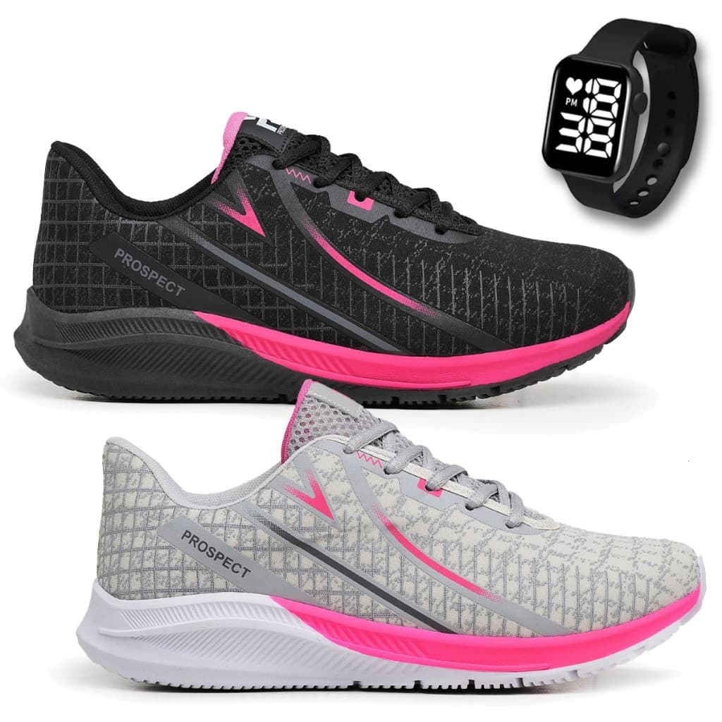Kit 2 Tênis Feminino Prospect Spark Caminhada Academia Corrida + Relógio Led