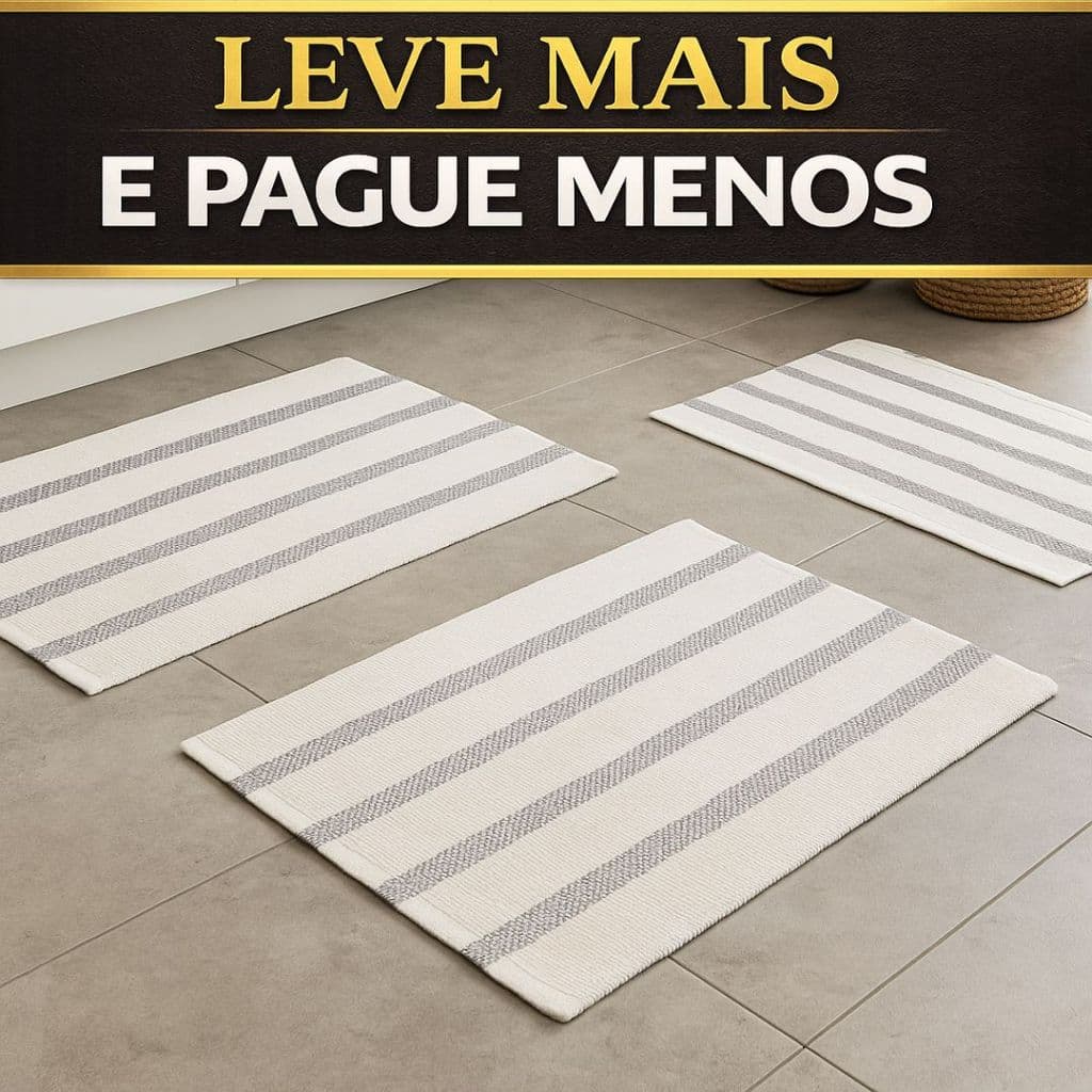 Kit com 3 Capachos de Algodão Mandacaru Listrado 40x60cm Tapete para Porta Entrada e Cozinha