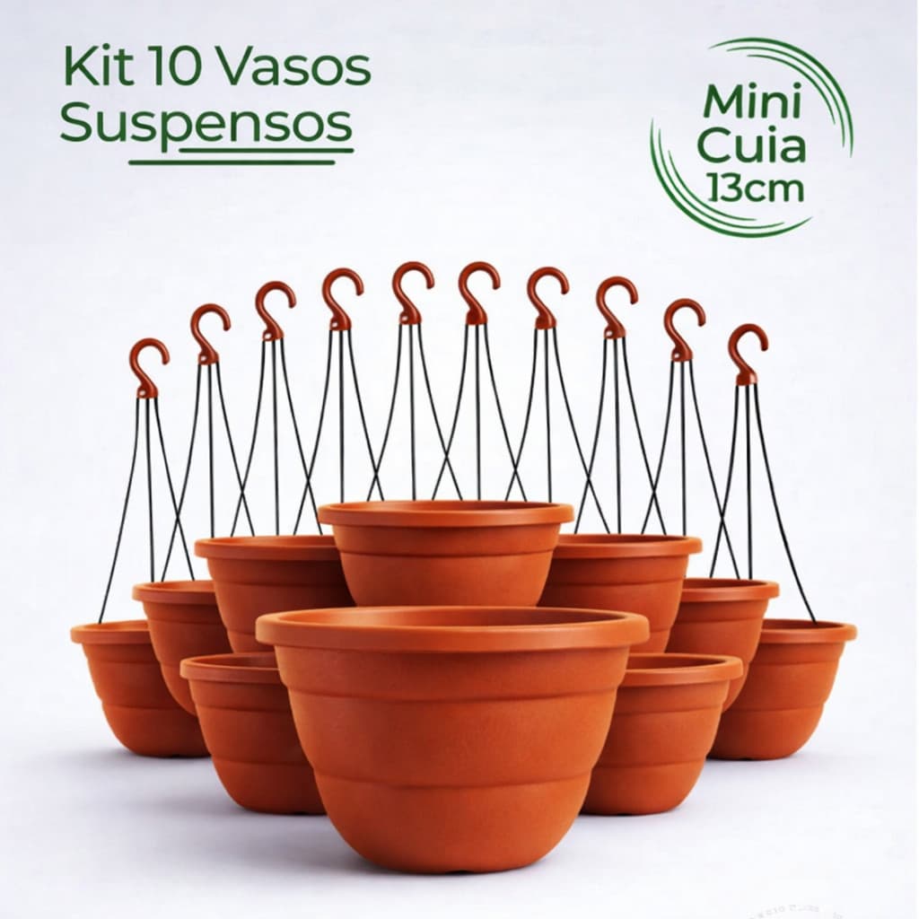 Kit 10 vasos cuia 13 com haste alça Marrom Terracota para Plantas, Cactos e Suculentas