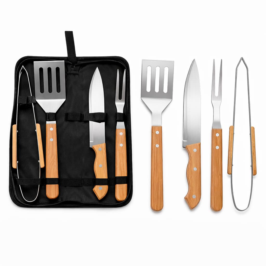 Kit Churrasco Completo 4 Peças Aço Inox com Estojo Faca Garfo Pinça Espátula Cabo Madeira FUSHANG
