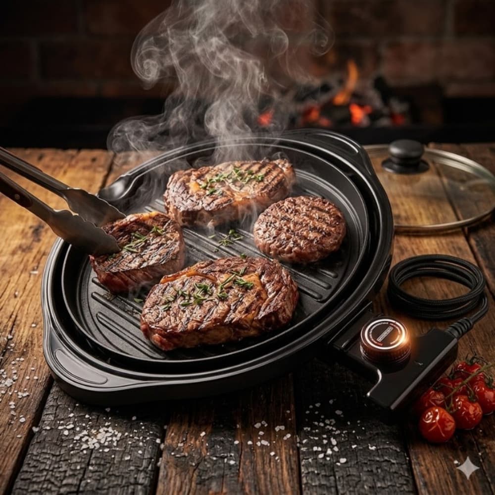 Churrasqueira Eletrica Grill Eletrico Redondo Antiaderente Controle Temperatura 127v Preto Cozinha