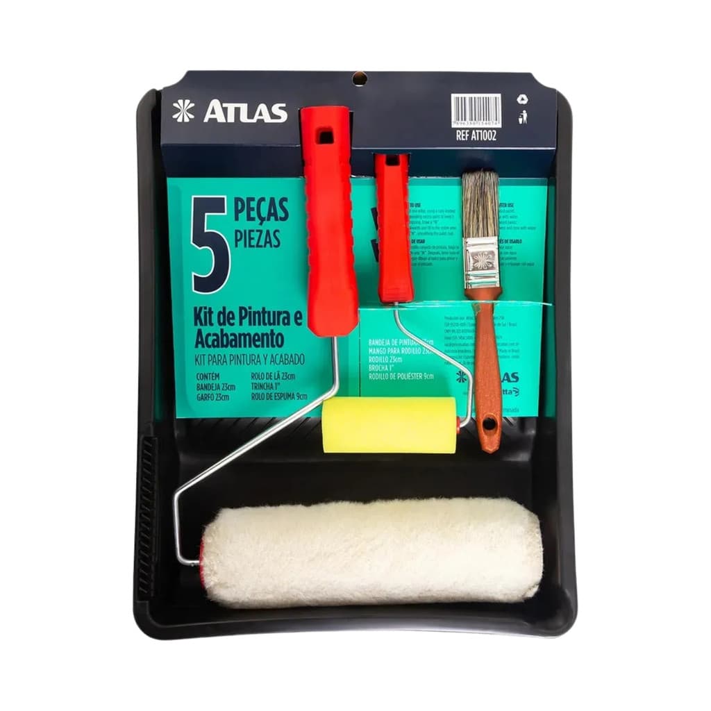 Kit Pintura Atlas 5 Peças Profissional Rolo Lã Bandeja Garfo Trincha Rolo Espuma Parede ou Teto
