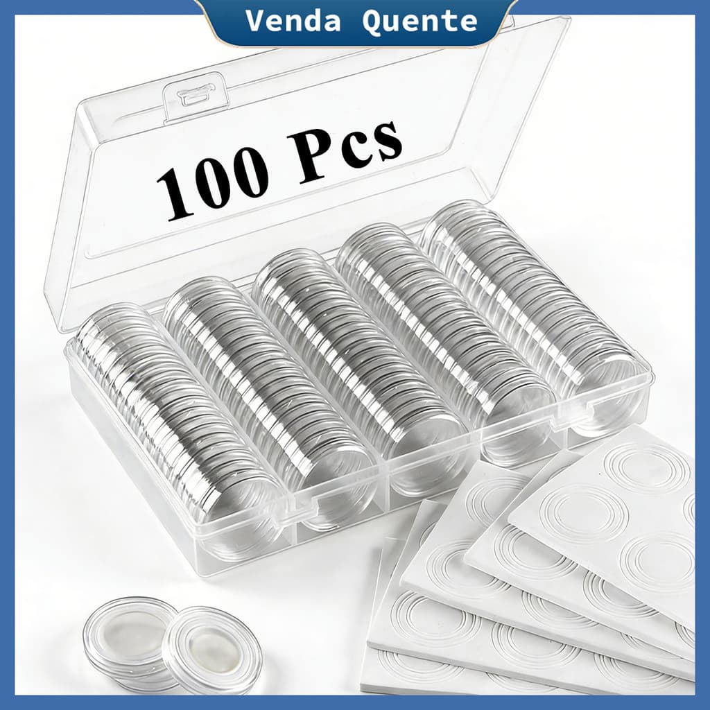 100 cápsulas de moedas, caixa de armazenamento de plástico, anti-poeira e antioxidação