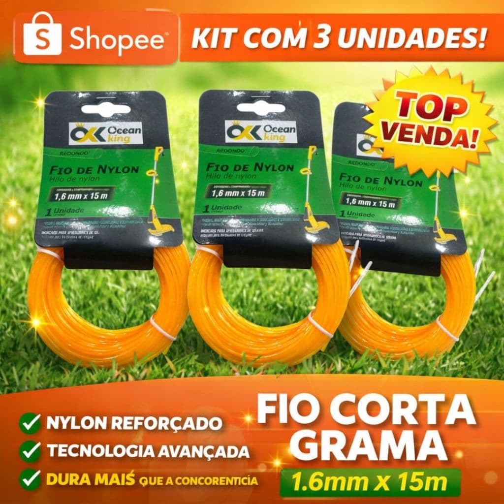 Kit 3 Fio Corta Grama 1.6mm 15m Nylon Reforçado Aparador Universal