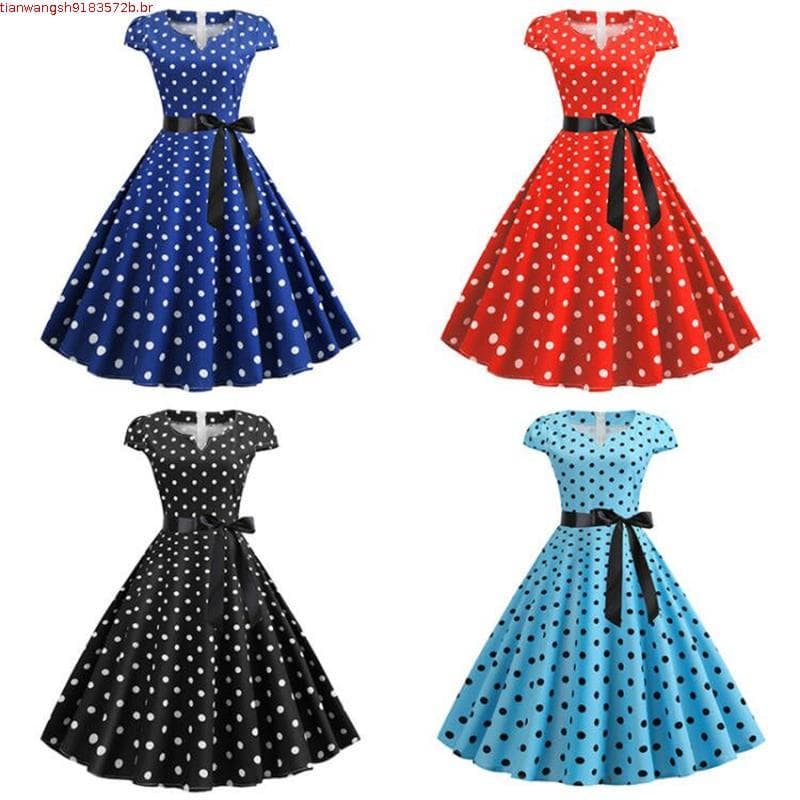 Vestido Feminino Polka Dot Impresso Vestidos De Manga Curta Com Decote Em V Amarrado Retro Grande Balanço De Festa À Noi