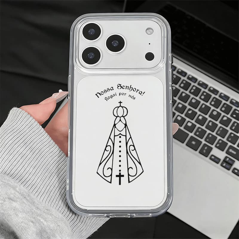 Capa Acrílica 3 Em 1 Capinha Para IPhone 13 11 12 14 15 16 17 Air Pro Max Normal Transparente Orando Nossa Senhora