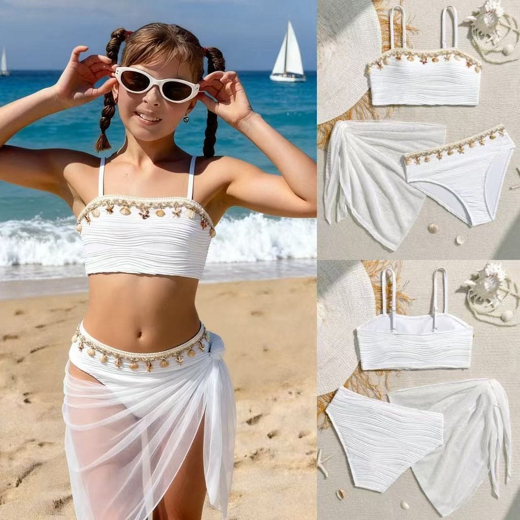 26 novo estilo de maiô infantil bonito concha decoração conjunto de três peças meninas biquíni adequado para férias à be