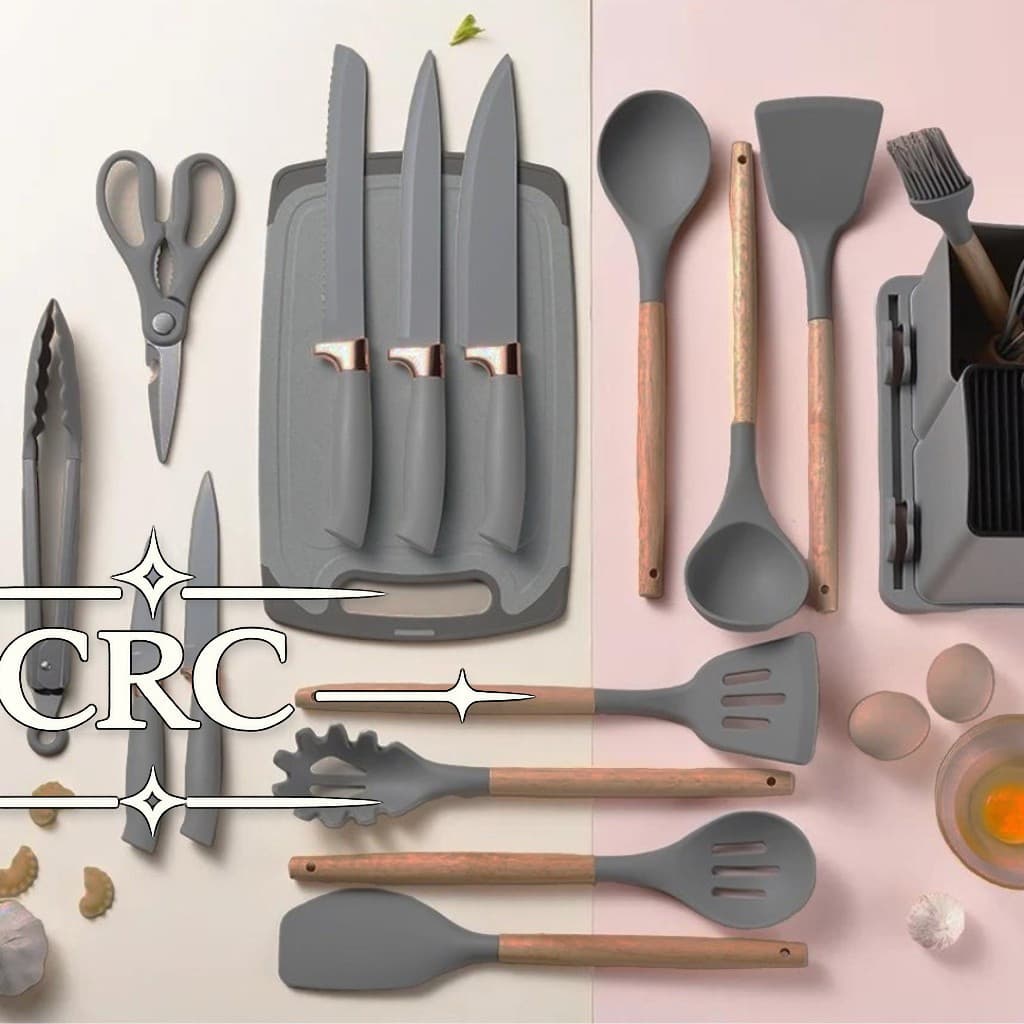 Kit Completo de Utensílios de Cozinha 19 Peças, Suporte Organizador – Silicone Resistente e Cabo AmadeiradoY176