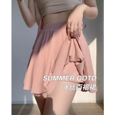 Saia plissada de seda gelo rosa feminina verão estilo fino 2024 novo estilo saia Anti-reflexo esportes Yoga saia linha a