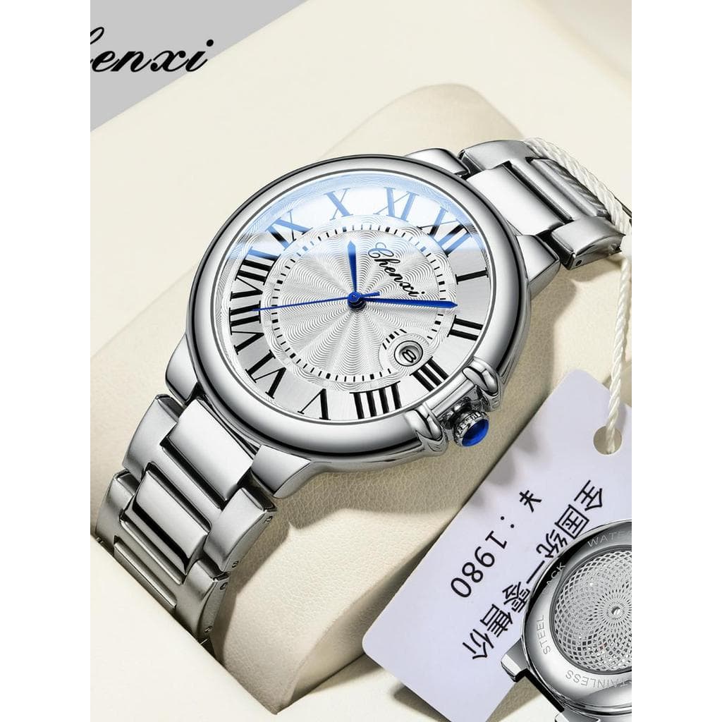 Chenxi relógio masculino varredura segundo movimento inferior transparente banda de aço relógio de quartzo calendário mo