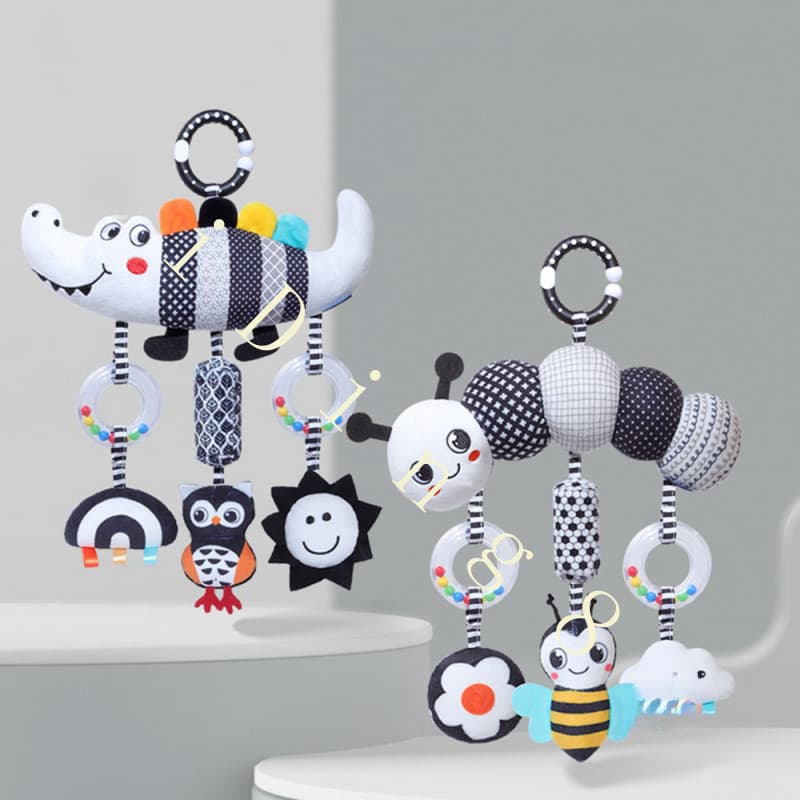 Brinquedo de desenvolvimento sensorial de bebê preto branco de alto contraste pendurado na cama C OPZO