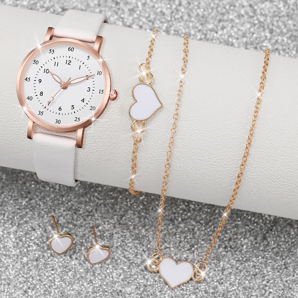Relógio Feminino Moderno + Conjunto De Acessórios De Coração 5 Peças