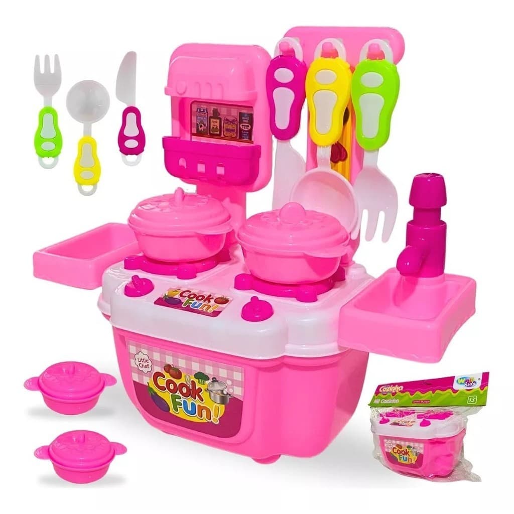 Cozinha Infantil Na Maleta Portatil Com 14 Peças Brinquedo Menina Completo Mini Chef Educativo