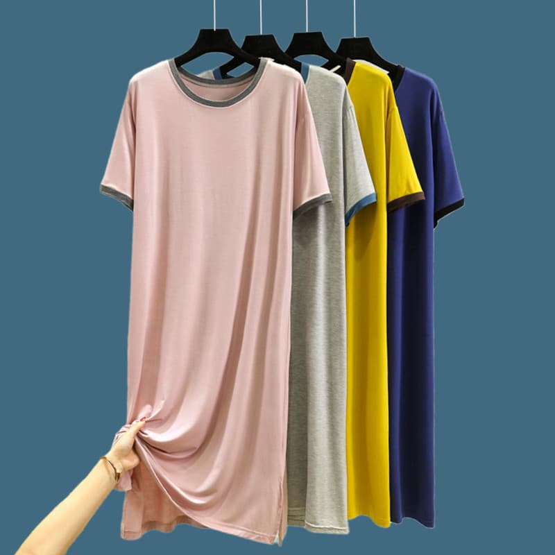 Modal de manga curta em torno do pescoço vestido feminino verão fino solto casa camisola All-Match simples saia longa a