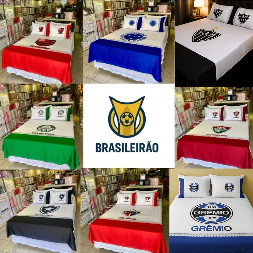 Lençol Casal Time de Futebol Pintado + 2 Fronhas Jogo Cama Personalizado Torcida Brasil Gol Bola