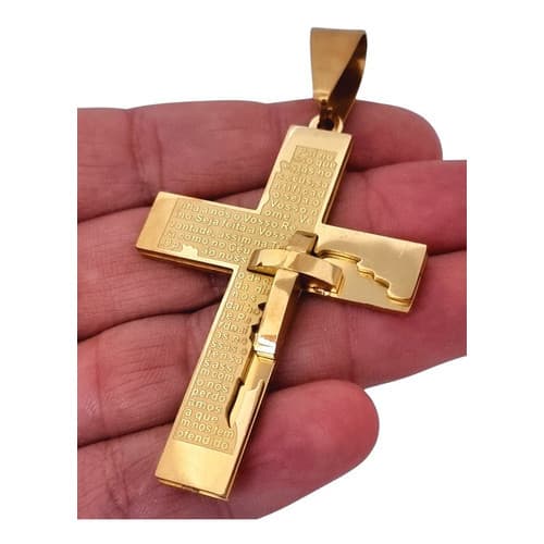 Pingente Crucifixo Cruz Oração Pai Nosso Banhado À Ouro Dourado