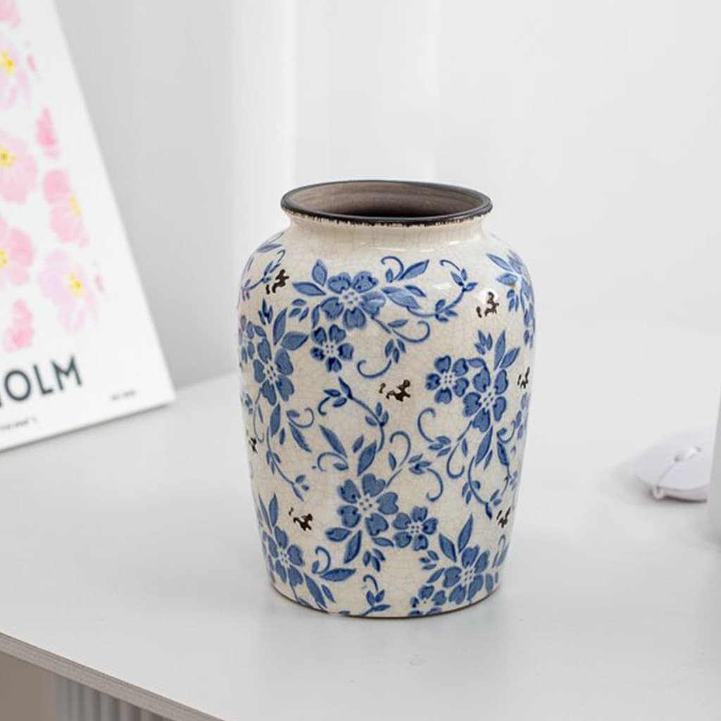 Vaso De Cerâmica Floral Azul E Branco , Vasos Decorativos Modernos De Fazenda Para Quarto , Sala De Estar , Estante