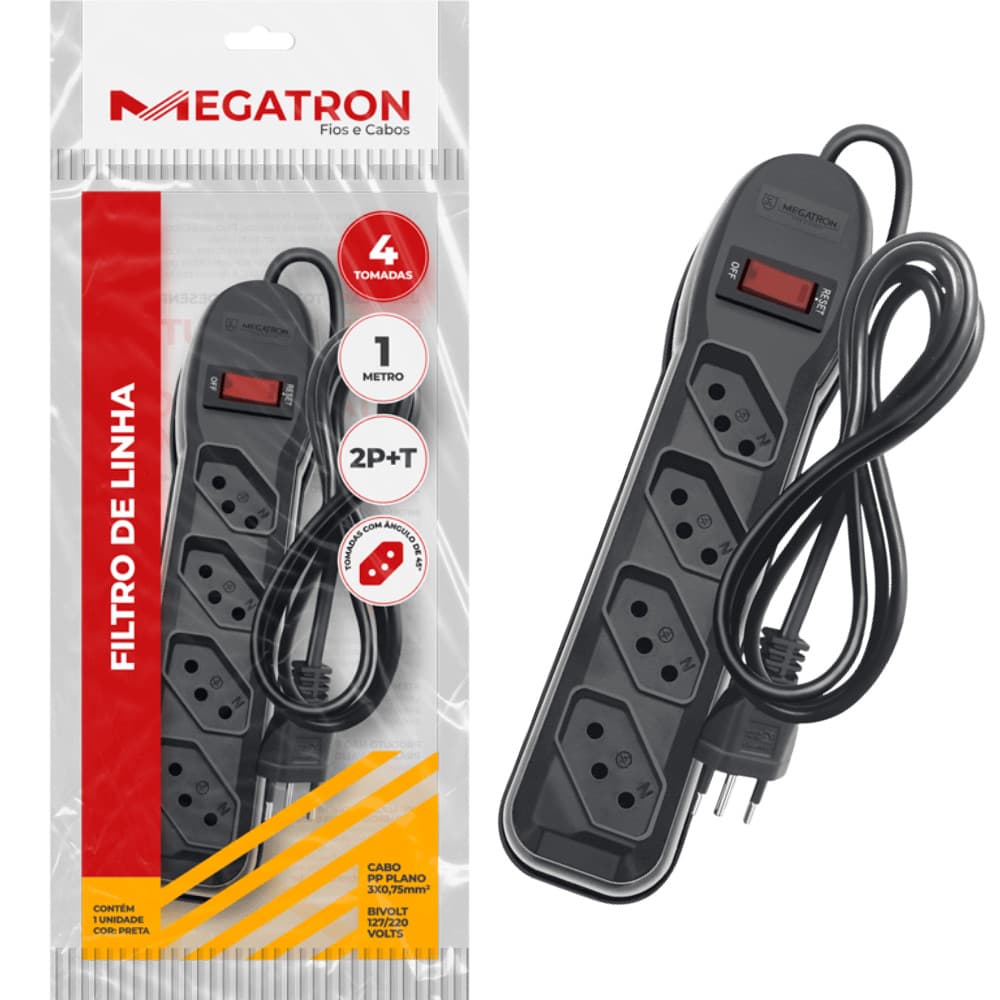 Filtro de Linha 4 Tomadas 3 pinos circuit breaker 1m Preto