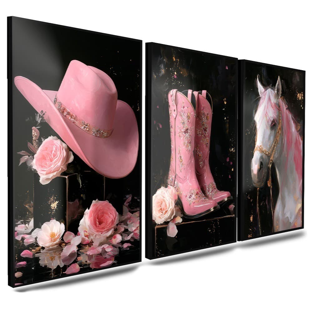 Kit 3 Quadros Decorativos Infantil Boiadeira Cowgirl  Cavalo Chapéu Bota
