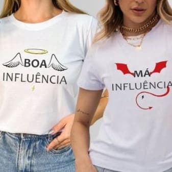 Kit 2 Camiseta Blusa Feminina Estampada Duplinha Amigas Anjo Capetinha Moda Carnaval Tendencia Fantasia