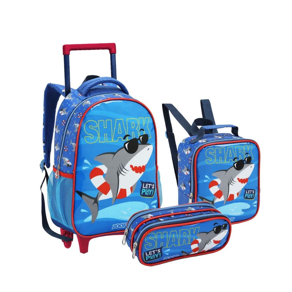 Kit Mochila Rodinhas Tubarão Lancheira Estojo Azul Escolar Infantil Seanite