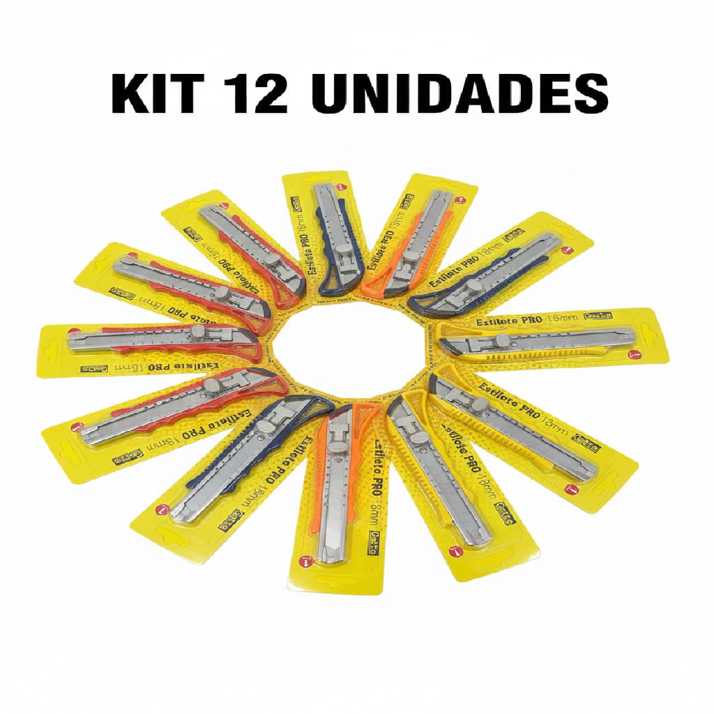 Kit 12 Estiletes Profissionais 18mm - Trava Metálica, Lâmina Larga Gatte