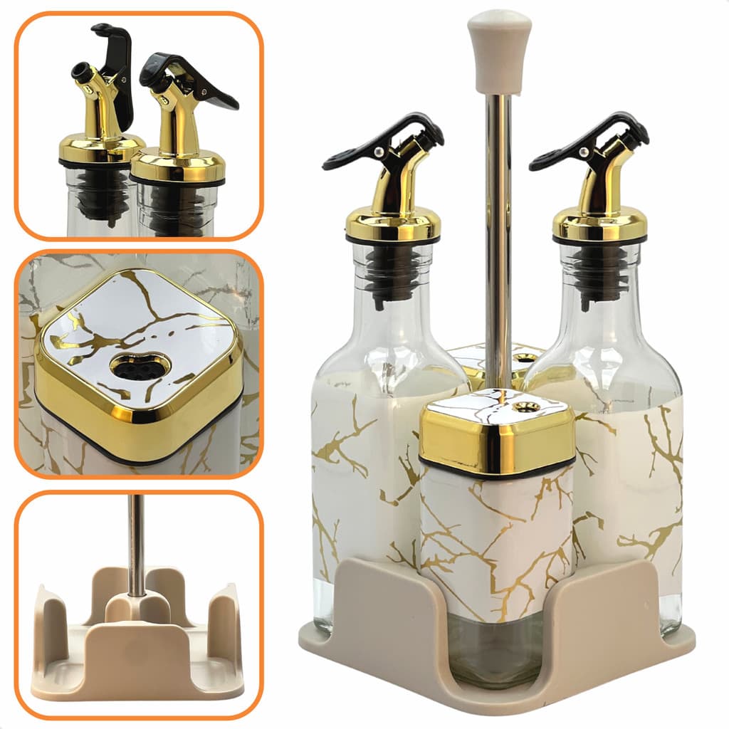 Conjunto Galheteiro De Mesa Porta Azeite Saleiro Vinagre Paliteiro Grande 4 Peças - Branco Mármore
