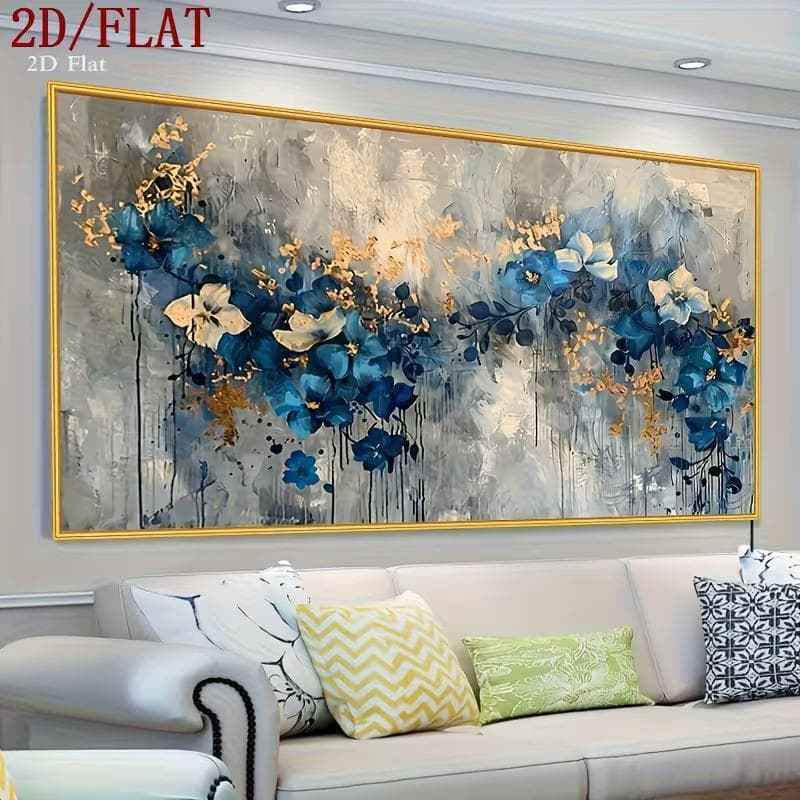 Quadro Decorativo Floral Azul e Ouro Abstrato Grande 90x70