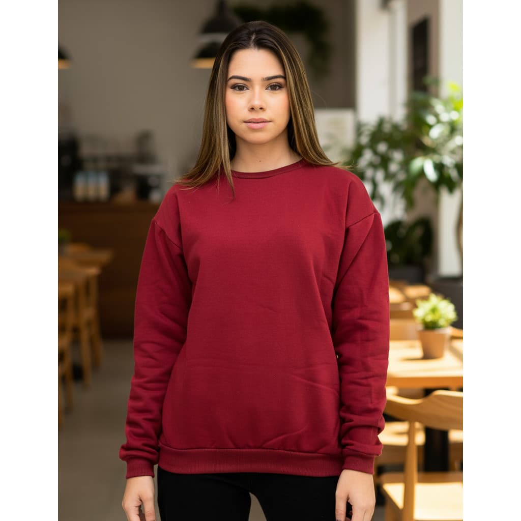 Moletom Gola Careca Liso Blusa De Frio Unissex Bordo